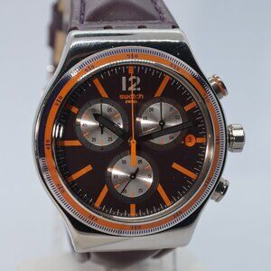 NEW Swatch Irony PRISONER Chronograph Dark Purple Leather Men's Watch YVS413 43M